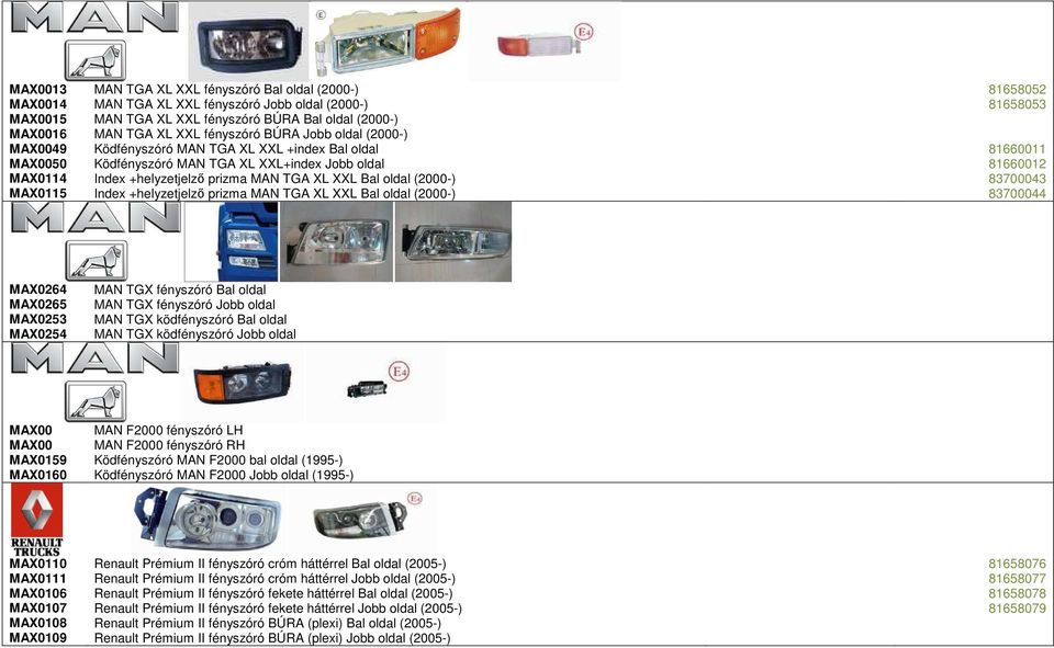 TGA XL XXL Bal oldal (2000-) 83700043 MAX0115 Index +helyzetjelző prizma MAN TGA XL XXL Bal oldal (2000-) 83700044 MAX0264 MAN TGX fényszóró Bal oldal MAX0265 MAN TGX fényszóró Jobb oldal MAX0253 MAN