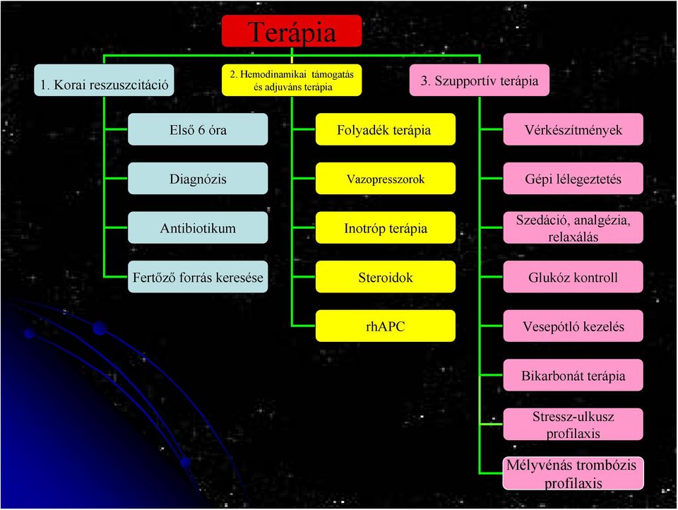 Vérkészítmények Diagnózis Vazopresszorok Gépi lélegeztetés Antibiotikum Inotróp terápia Szedáció,