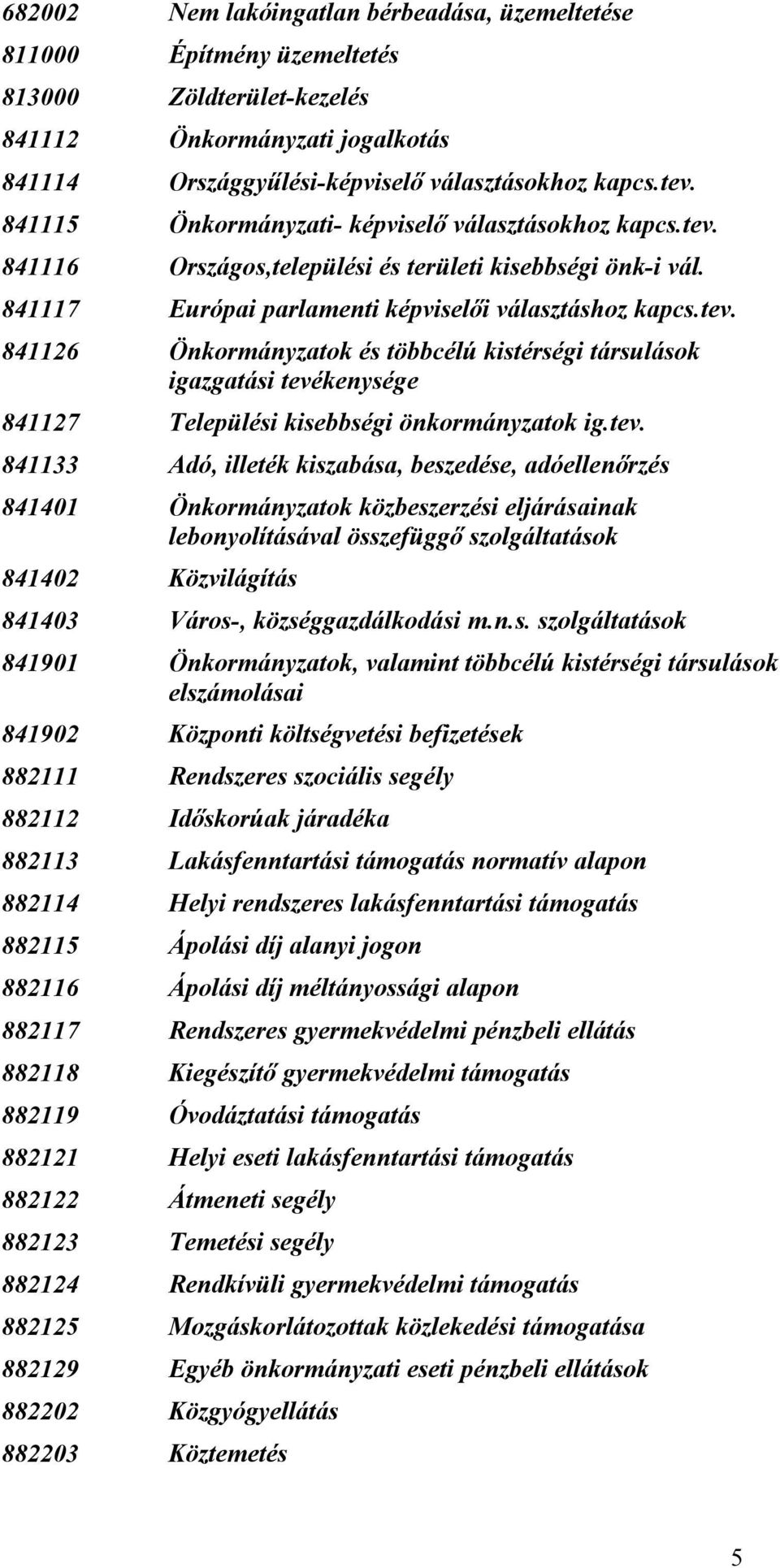 tev. 841133 Adó, illeték kiszabása, beszedése, adóellenőrzés 841401 Önkormányzatok közbeszerzési eljárásainak lebonyolításával összefüggő szolgáltatások 841402 Közvilágítás 841403 Város-,