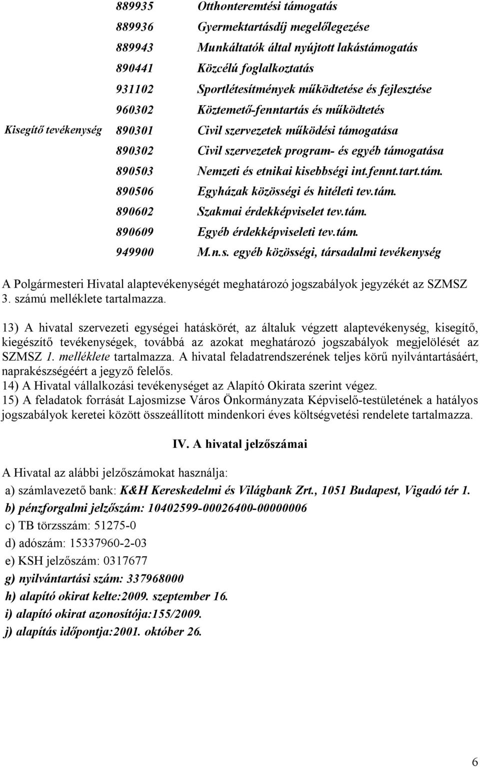 kisebbségi int.fennt.tart.tám. 890506 Egyházak közösségi és hitéleti tev.tám. 890602 Szakmai érdekképviselet tev.tám. 890609 Egyéb érdekképviseleti tev.tám. 949900 M.n.s. egyéb közösségi, társadalmi tevékenység A Polgármesteri Hivatal alaptevékenységét meghatározó jogszabályok jegyzékét az SZMSZ 3.