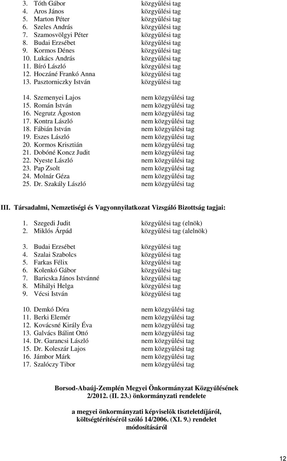 Szemenyei Lajos nem közgyűlési tag 15. Román István nem közgyűlési tag 16. Negrutz Ágoston nem közgyűlési tag 17. Kontra László nem közgyűlési tag 18. Fábián István nem közgyűlési tag 19.