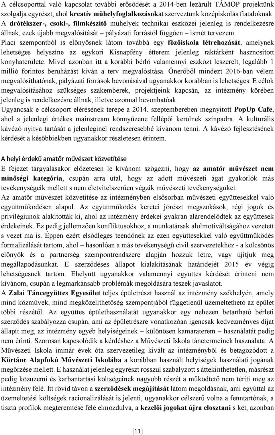 Piaci szempontból is előnyösnek látom továbbá egy főzőiskola létrehozását, amelynek lehetséges helyszíne az egykori Kisnapfény étterem jelenleg raktárként hasznosított konyhaterülete.