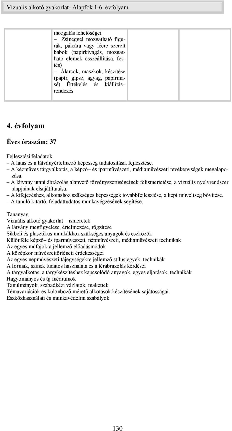 A kézműves tárgyalkotás, a képző és iparművészeti, médiaművészeti tevékenységek megalapozása.