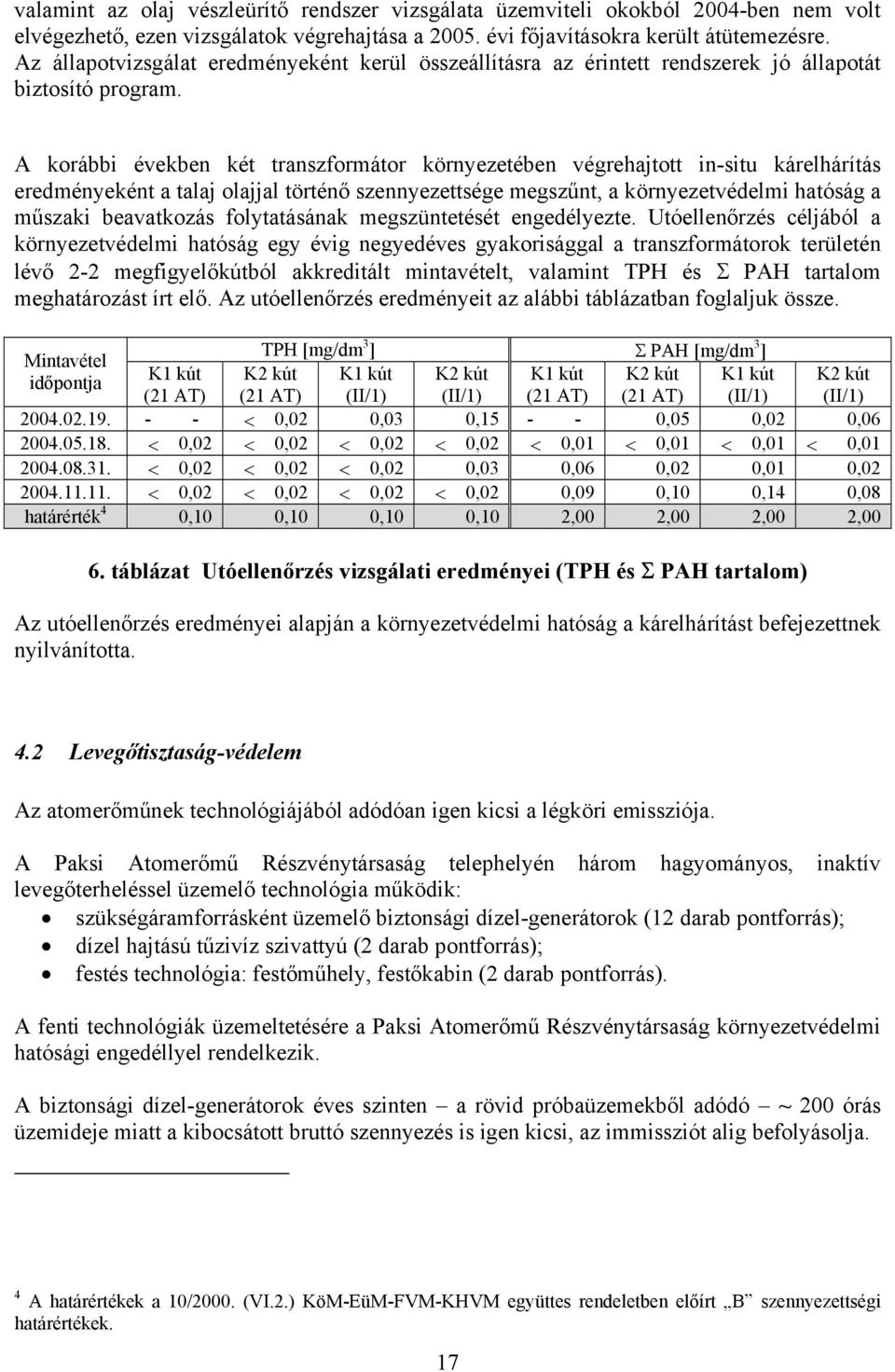 A korábbi években két transzformátor környezetében végrehajtott in-situ kárelhárítás eredményeként a talaj olajjal történő szennyezettsége megszűnt, a környezetvédelmi hatóság a műszaki beavatkozás