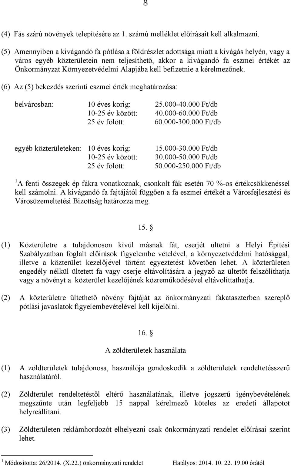 Környezetvédelmi Alapjába kell befizetnie a kérelmezőnek. (6) Az (5) bekezdés szerinti eszmei érték meghatározása: belvárosban: 10 éves korig: 25.000-40.000 Ft/db 10-25 év között: 40.000-60.