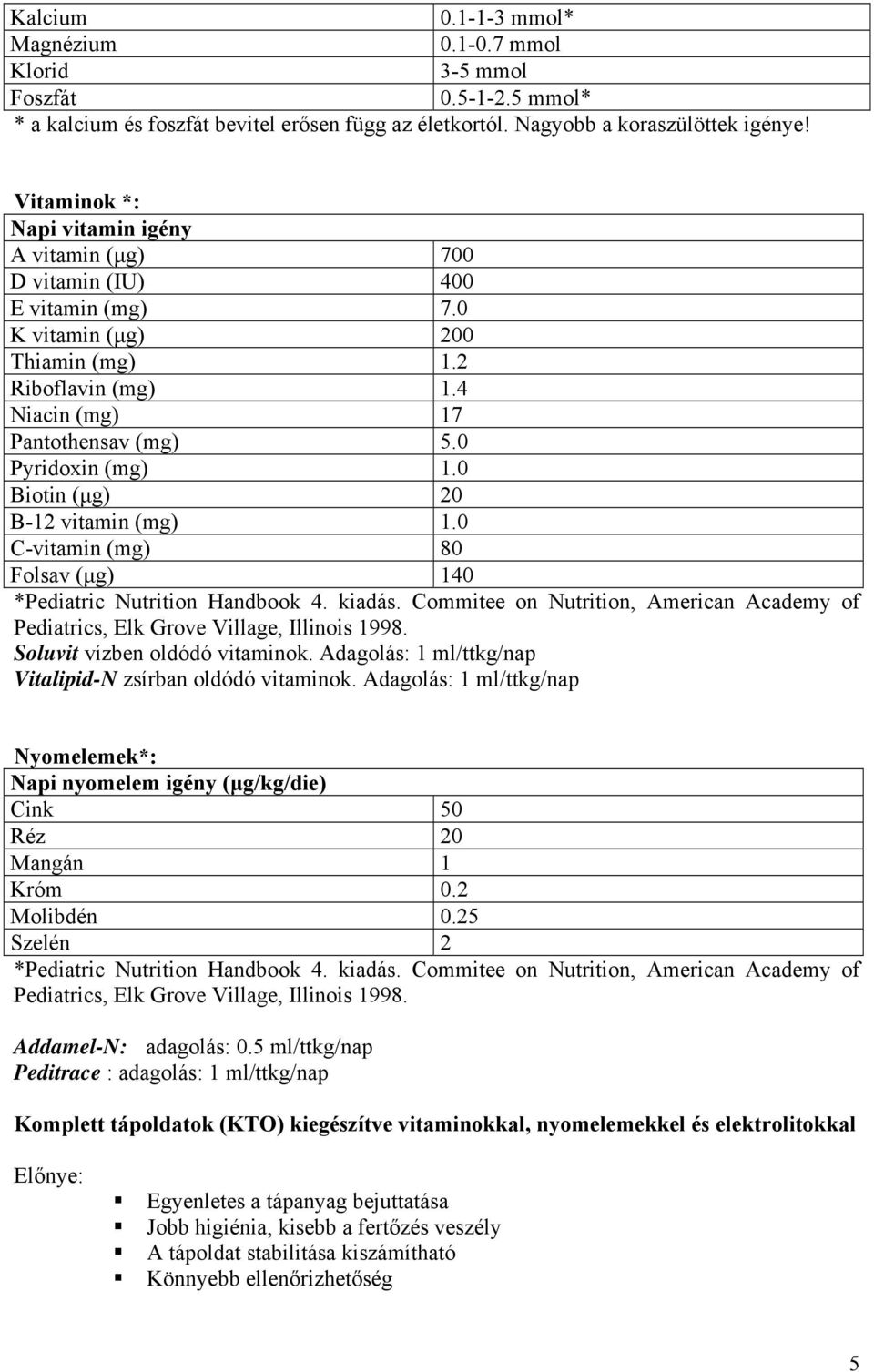 0 Biotin (μg) 20 B-12 vitamin (mg) 1.0 C-vitamin (mg) 80 Folsav (μg) 140 *Pediatric Nutrition Handbook 4. kiadás.