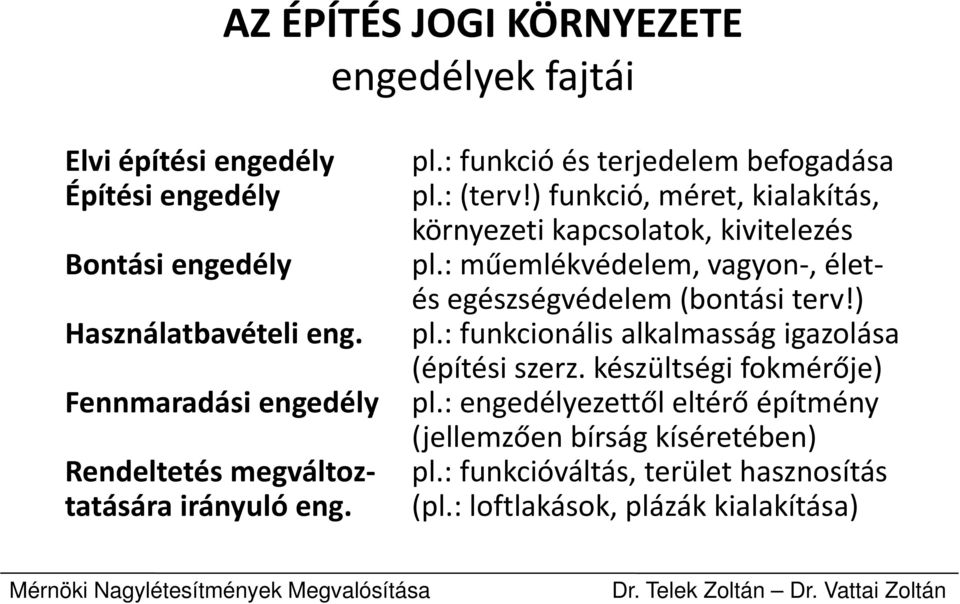 : műemlékvédelem, vagyon, élet és egészségvédelem (bontási terv!) Használatbavételi eng. pl.
