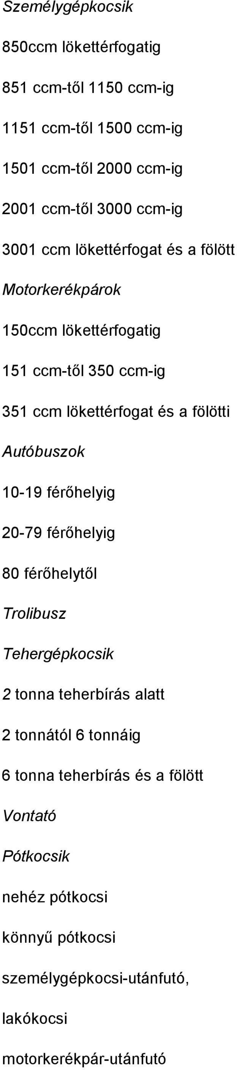 fölötti Autóbuszok 10-19 férőhelyig 20-79 férőhelyig 80 férőhelytől Trolibusz Tehergépkocsik 2 tonna teherbírás alatt 2 tonnától 6