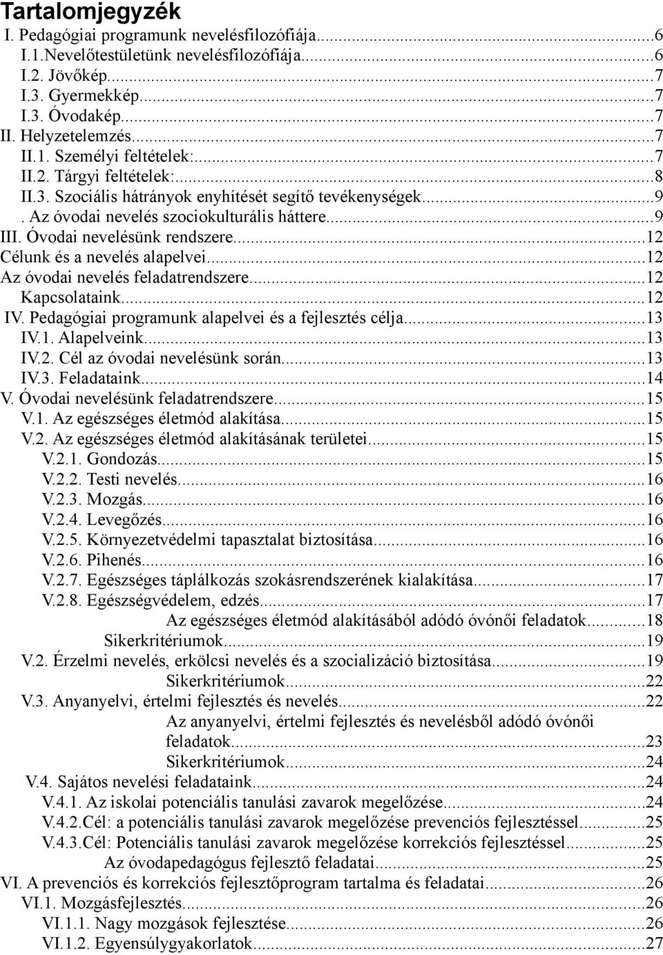 ..12 Célunk és a nevelés alapelvei...12 Az óvodai nevelés feladatrendszere...12 Kapcsolataink...12 IV. Pedagógiai programunk alapelvei és a fejlesztés célja...13 IV.1. Alapelveink...13 IV.2. Cél az óvodai nevelésünk során.