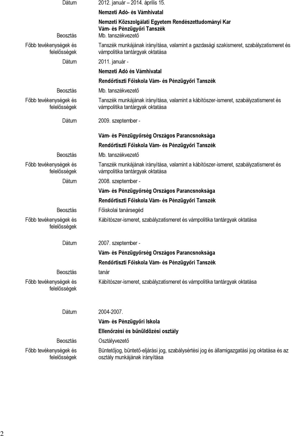 tanszékvezető Tanszék munkájának irányítása, valamint a kábítószer-ismeret, szabályzatismeret és vámpolitika tantárgyak oktatása Dátum 2009.