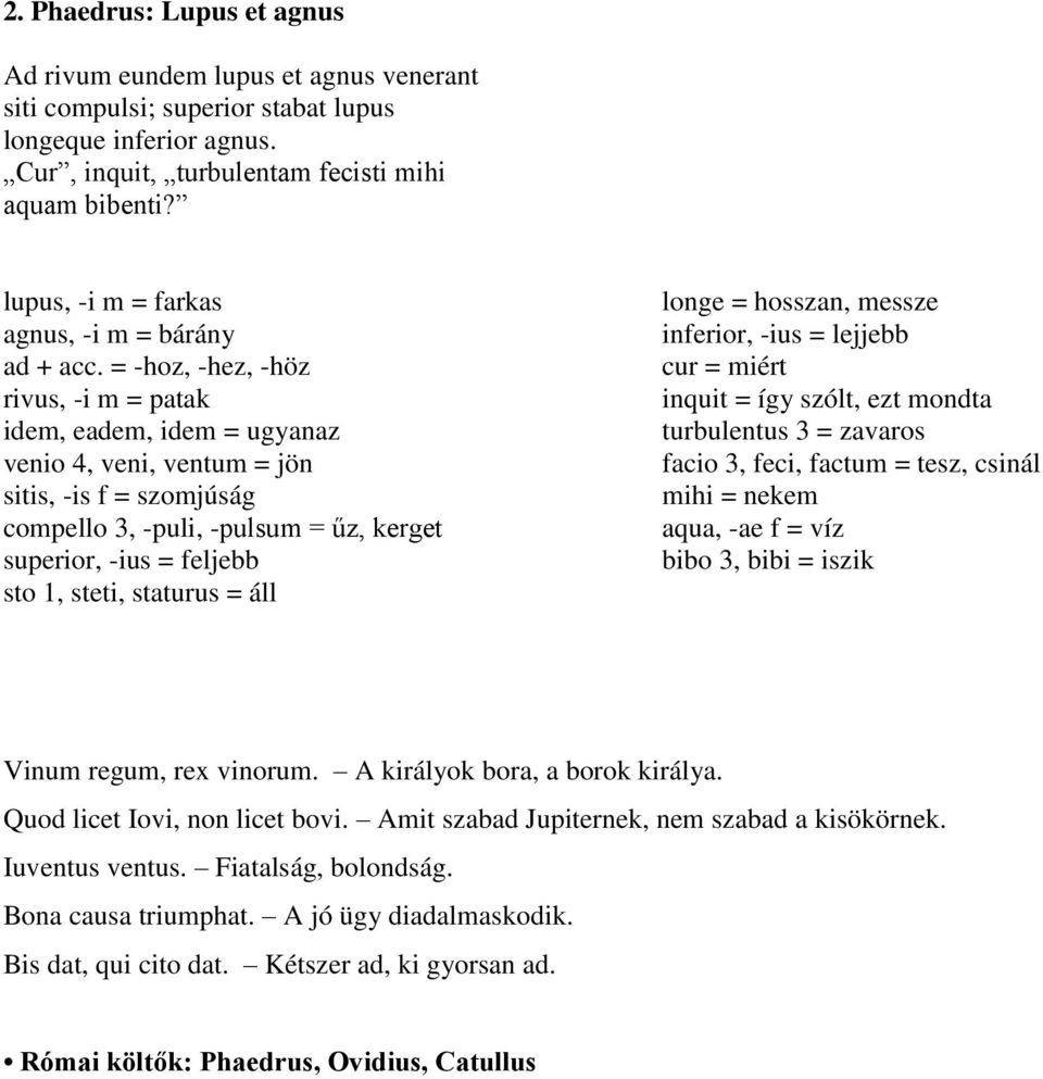 = -hoz, -hez, -höz rivus, -i m = patak idem, eadem, idem = ugyanaz venio 4, veni, ventum = jön sitis, -is f = szomjúság compello 3, -puli, -pulsum = űz, kerget superior, -ius = feljebb sto 1, steti,