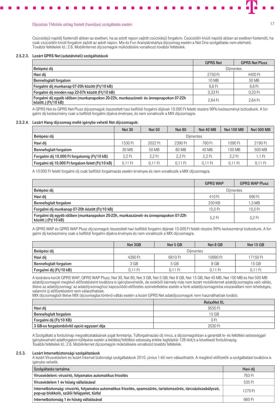 További feltételek ld.: 2.6. Mobilinternet díjcsomagok működésére vonatkozó további feltételek. 2.5.2.3.