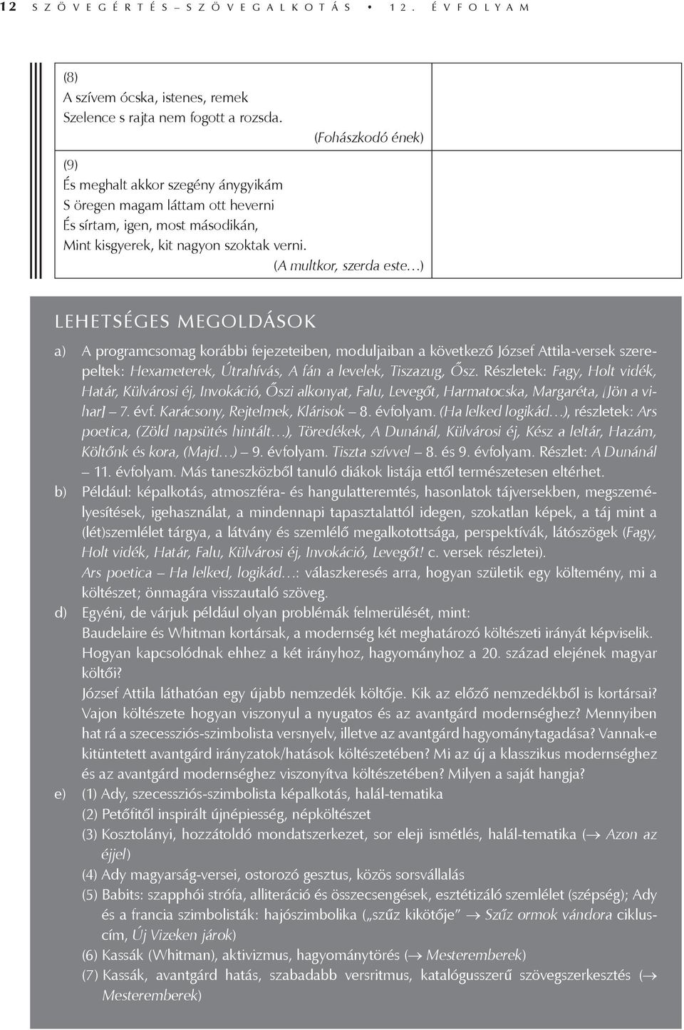 (A multkor, szerda este ) LEHETSÉGES MEGOLDÁSOK a) A programcsomag korábbi fejezeteiben, moduljaiban a következő József Attila-versek szerepeltek: Hexameterek, Útrahívás, A fán a levelek, Tiszazug,