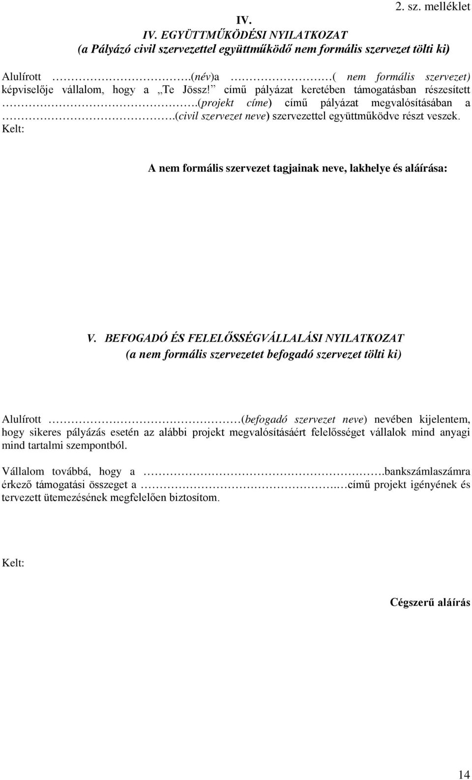 Kelt: A nem formális szervezet tagjainak neve, lakhelye és aláírása: V.