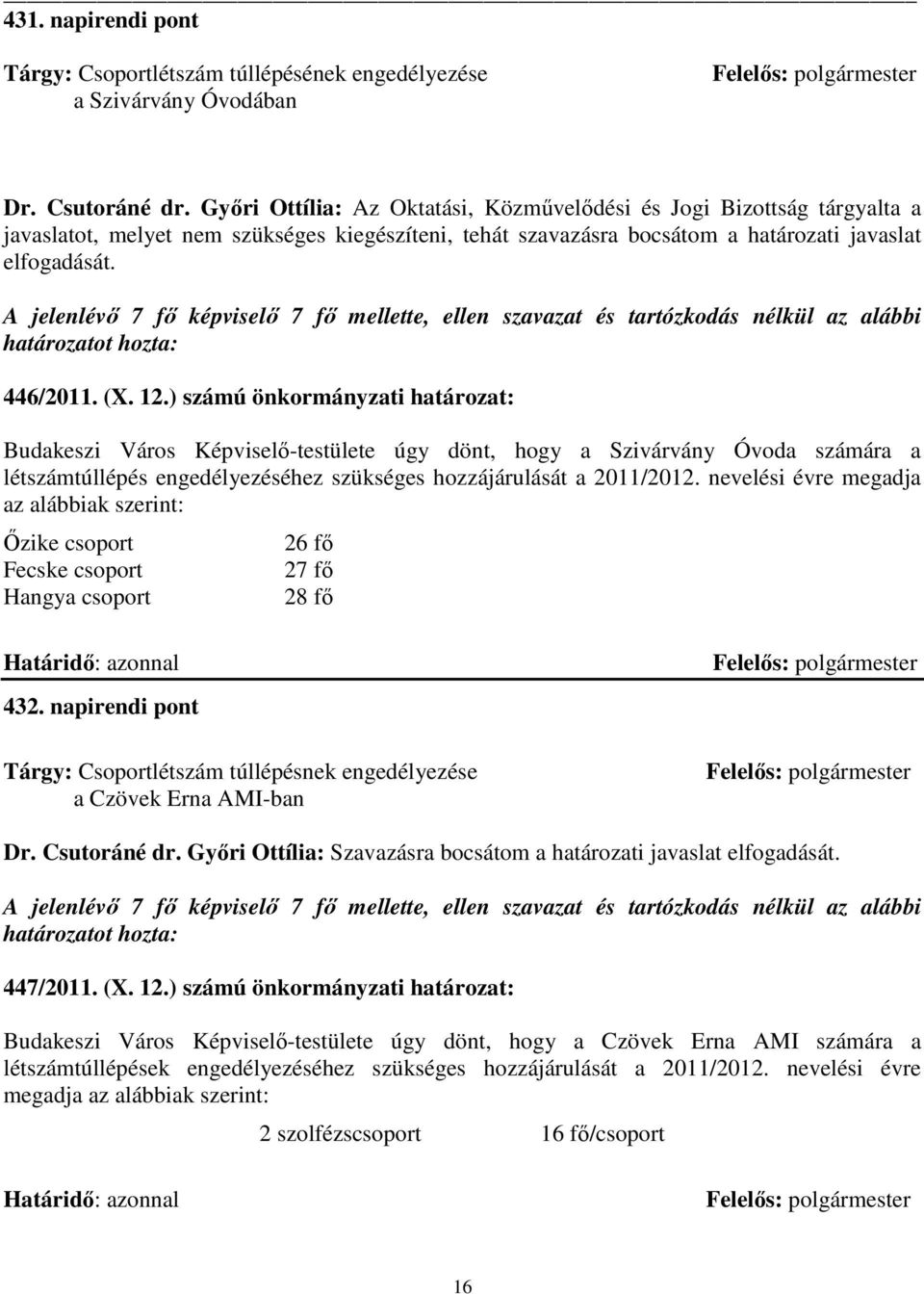 A jelenlévı 7 fı képviselı 7 fı mellette, ellen szavazat és tartózkodás nélkül az alábbi határozatot hozta: 446/2011. (X. 12.