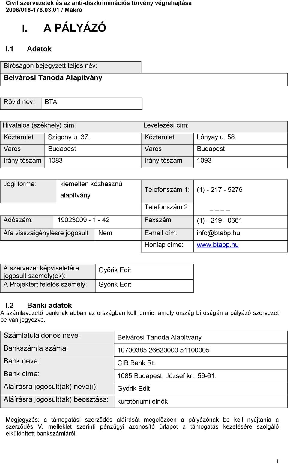 219-0661 Áfa visszaigénylésre jogosult Nem E-mail cím: info@btabp.hu Honlap címe: www.btabp.hu A szervezet képviseletére jogosult személy(ek): A Projektért felelős személy: Győrik Edit Győrik Edit I.