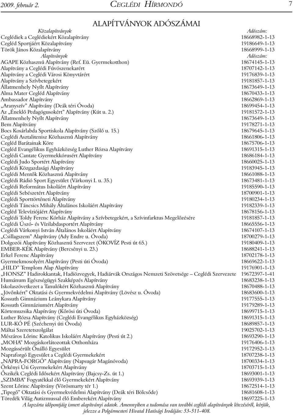 18668999-1-13 Alapítványok Adószám: AGAPE Közhasznú Alapítvány (Ref. Eü.