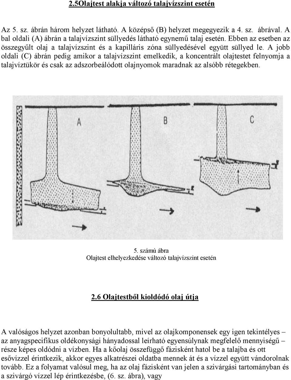 A jobb oldali (C) ábrán pedig amikor a talajvízszint emelkedik, a koncentrált olajtestet felnyomja a talajvíztükör és csak az adszorbeálódott olajnyomok maradnak az alsóbb rétegekben. 5.