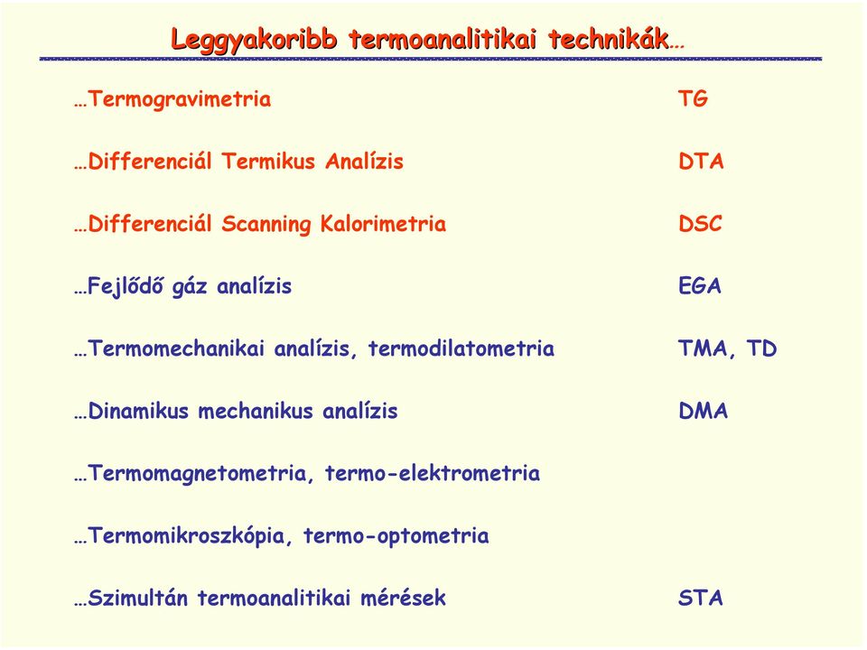 Termomechanikai analízis, termodilatometria TMA, TD Dinamikus mechanikus analízis DMA