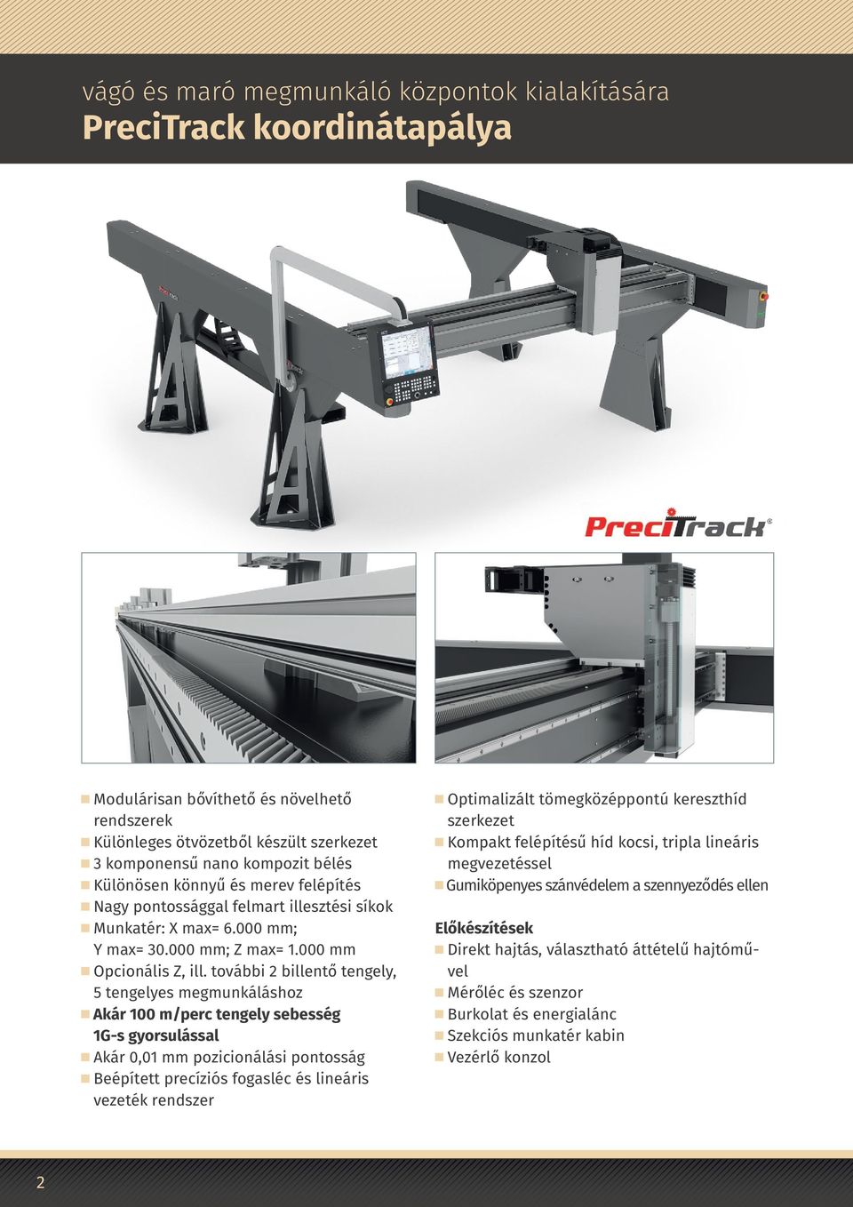 további 2 billentő tengely, 5 tengelyes megmunkáláshoz Akár 100 m/perc tengely sebesség 1G-s gyorsulással Akár 0,01 mm pozicionálási pontosság Beépített precíziós fogasléc és lineáris vezeték