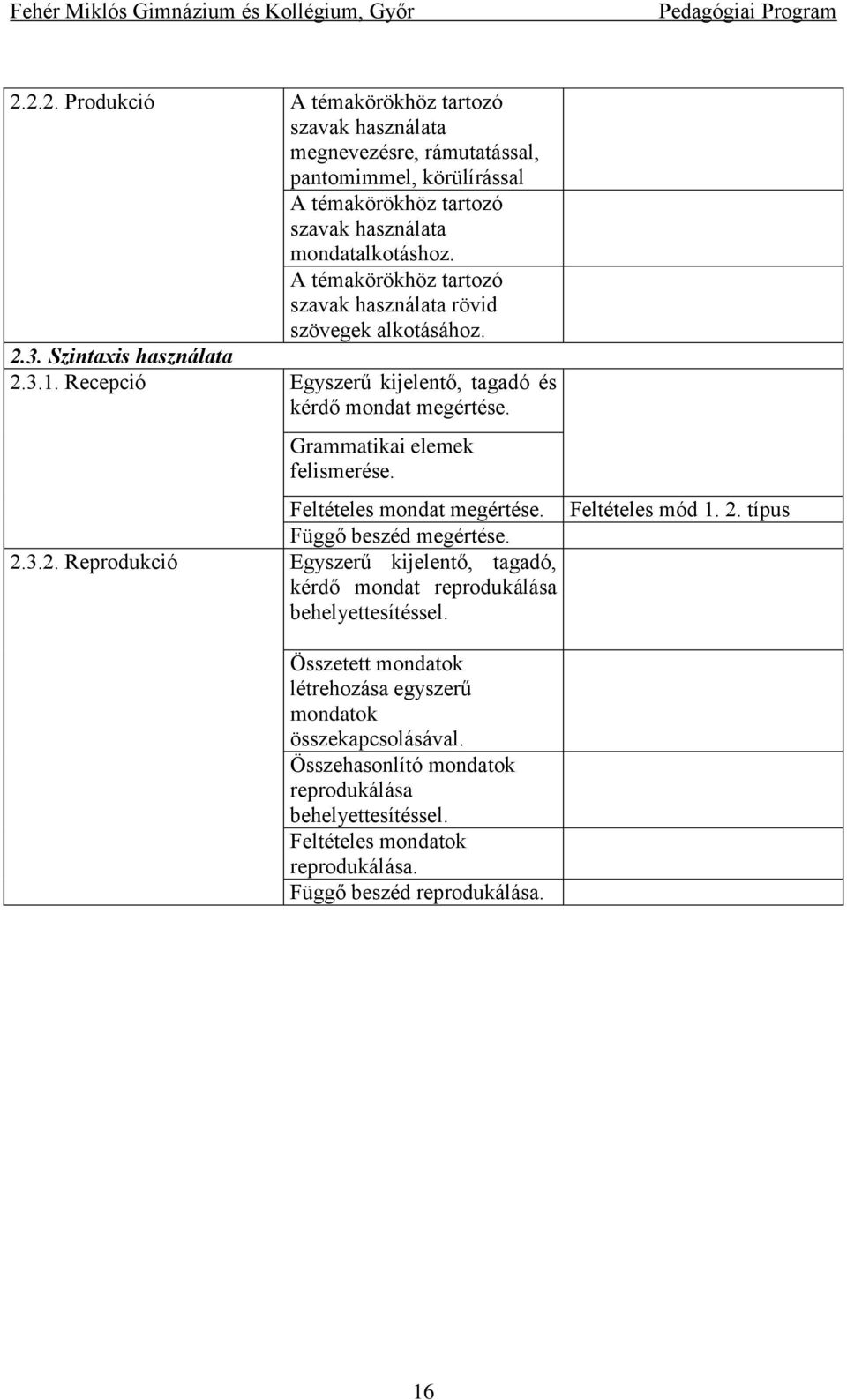 Grammatikai elemek felismerése. Feltételes mondat megértése. Függő beszéd megértése. 2.3.2. Reprodukció Egyszerű kijelentő, tagadó, kérdő mondat reprodukálása behelyettesítéssel.