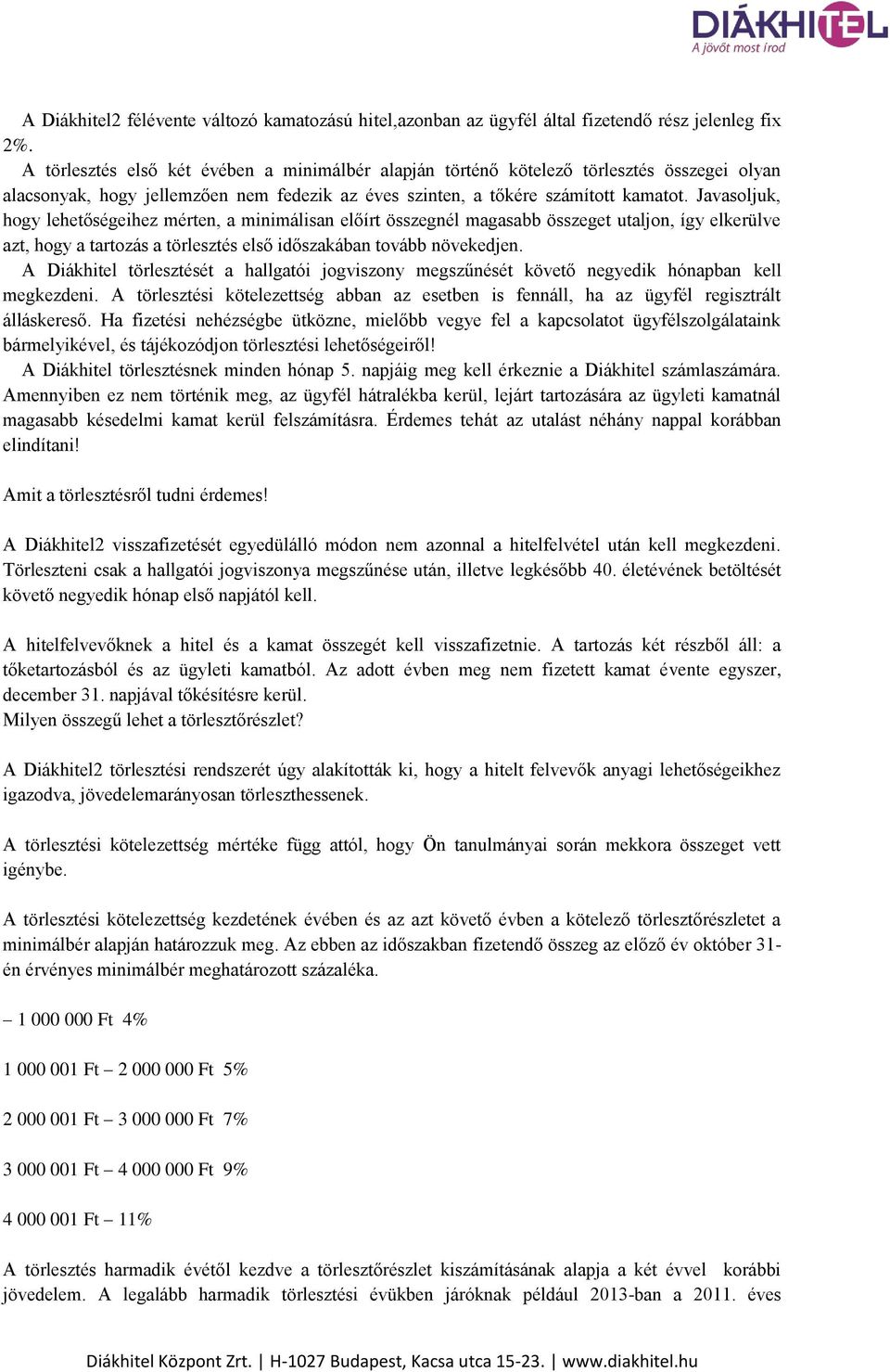 Javasoljuk, hogy lehetőségeihez mérten, a minimálisan előírt összegnél magasabb összeget utaljon, így elkerülve azt, hogy a tartozás a törlesztés első időszakában tovább növekedjen.