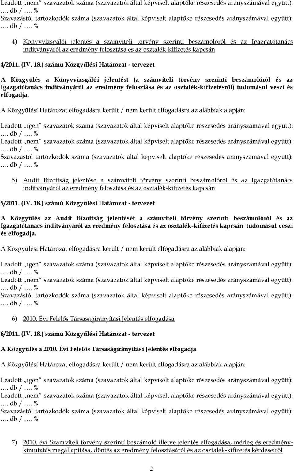 ) számú Közgyűlési Határozat - tervezet A Közgyűlés a Könyvvizsgálói jelentést (a számviteli törvény szerinti beszámolóról és az Igazgatótanács indítványáról az eredmény felosztása és az