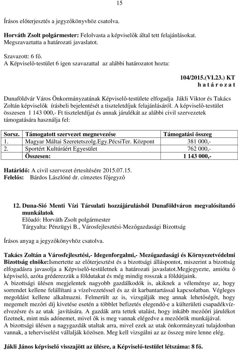 ) KT Dunaföldvár Város Önkormányzatának Képviselő-testülete elfogadja Jákli Viktor és Takács Zoltán képviselők írásbeli bejelentését a tiszteletdíjuk felajánlásáról.