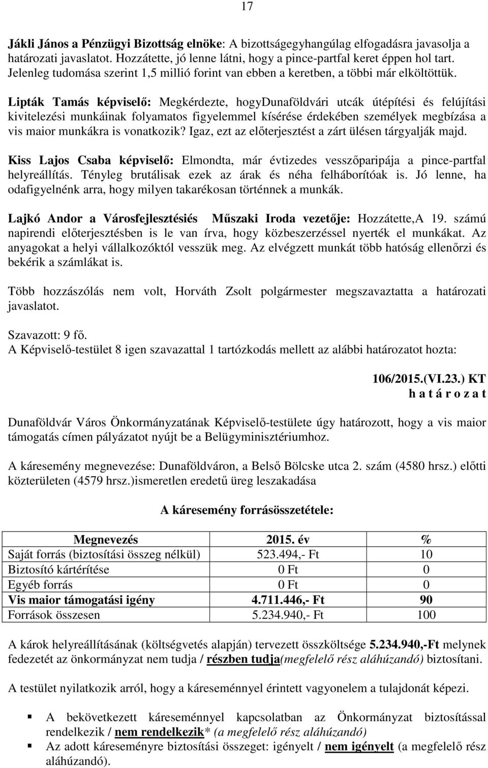 Lipták Tamás képviselő: Megkérdezte, hogydunaföldvári utcák útépítési és felújítási kivitelezési munkáinak folyamatos figyelemmel kísérése érdekében személyek megbízása a vis maior munkákra is