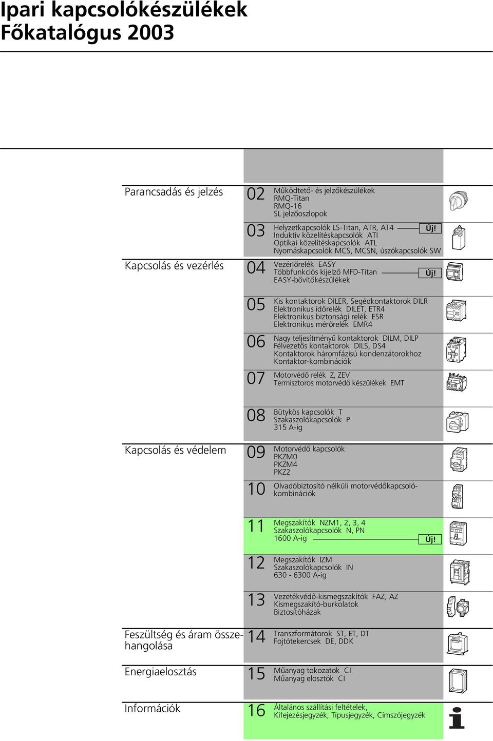 Induktív közelítéskapcsolók ATI Optikai közelítéskapcsolók ATL Nyomáskapcsolók MCS, MCSN, úszókapcsolók SW Vezérlőrelék EASY Többfunkciós kijelző MFD-Titan EASY-bővítőkészülékek Kis kontaktorok