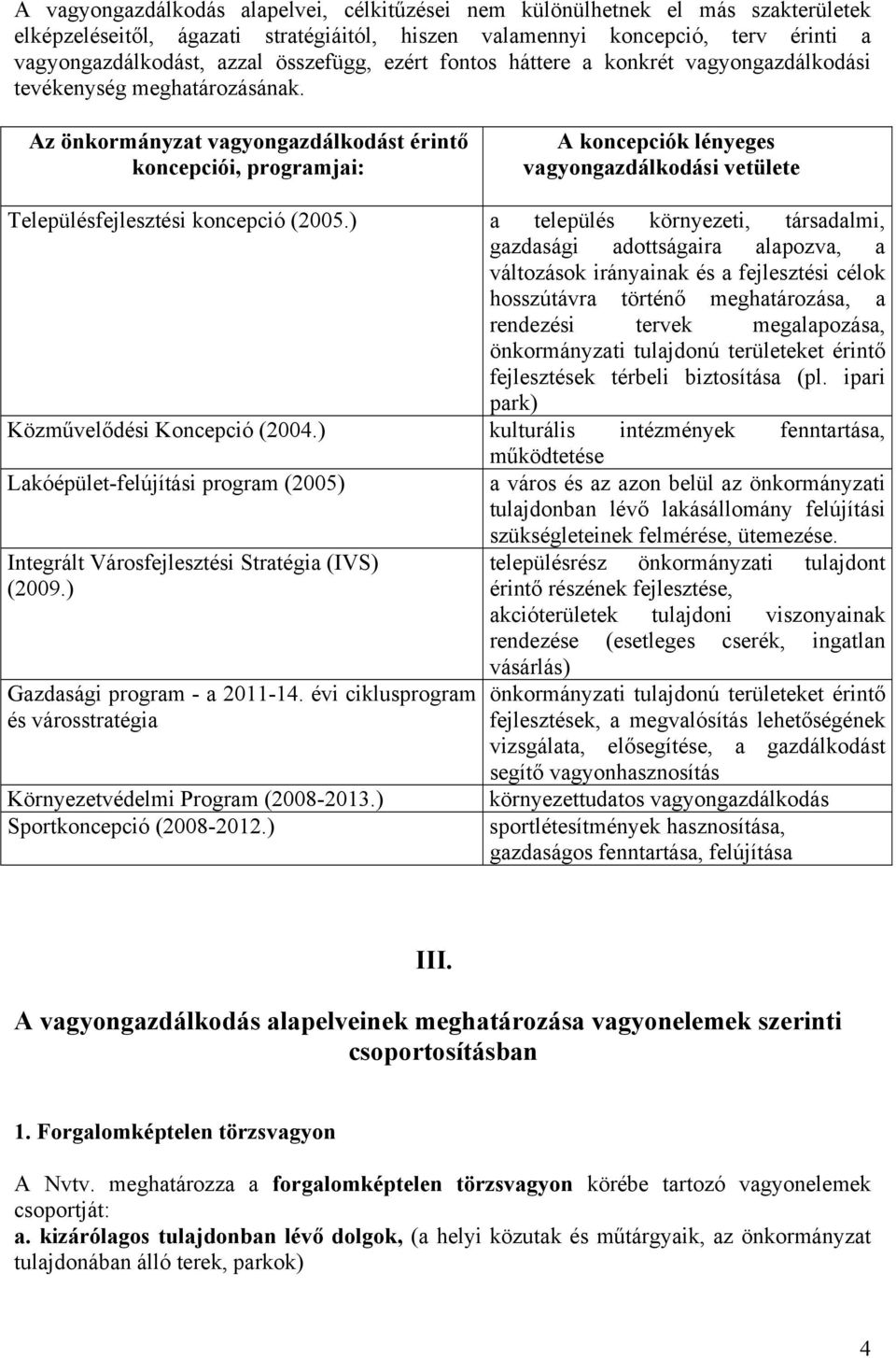 Az önkormányzat vagyongazdálkodást érintő koncepciói, programjai: A koncepciók lényeges vagyongazdálkodási vetülete Településfejlesztési koncepció (2005.