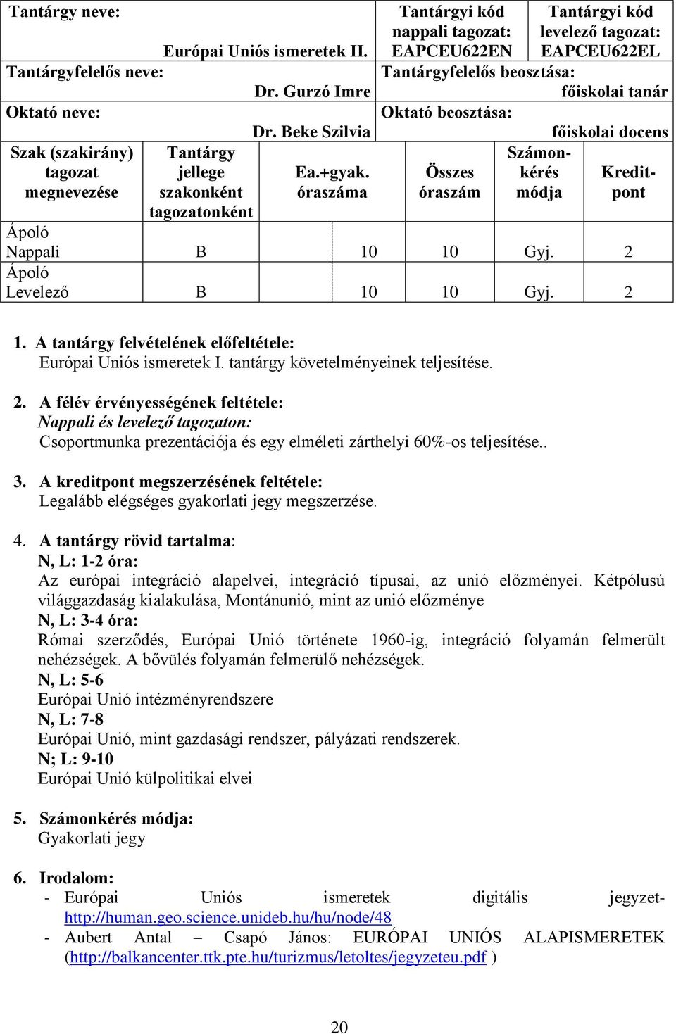 Számon- Összes kérés Kreditóraszám módja pont Nappali B 10 10 Gyj. 2 Levelező B 10 10 Gyj. 2 1. A tantárgy felvételének előfeltétele: Európai Uniós ismeretek I. tantárgy követelményeinek teljesítése.