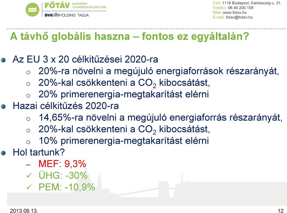 csökkenteni a CO 2 kibocsátást, o 20% primerenergia-megtakarítást elérni Hazai célkitűzés 2020-ra o 14,65%-ra