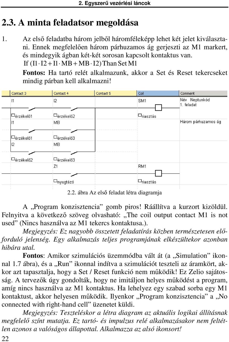 If (I1 I2 + I1 MB + MB I2)Than Set M1 Fontos: Ha tartó relét alkalmazunk, akkor a Set és Reset tekercseket mindig párban kell alkalmazni! 2.2. ábra Az első feladat létra diagramja A Program konzisztencia gomb piros!