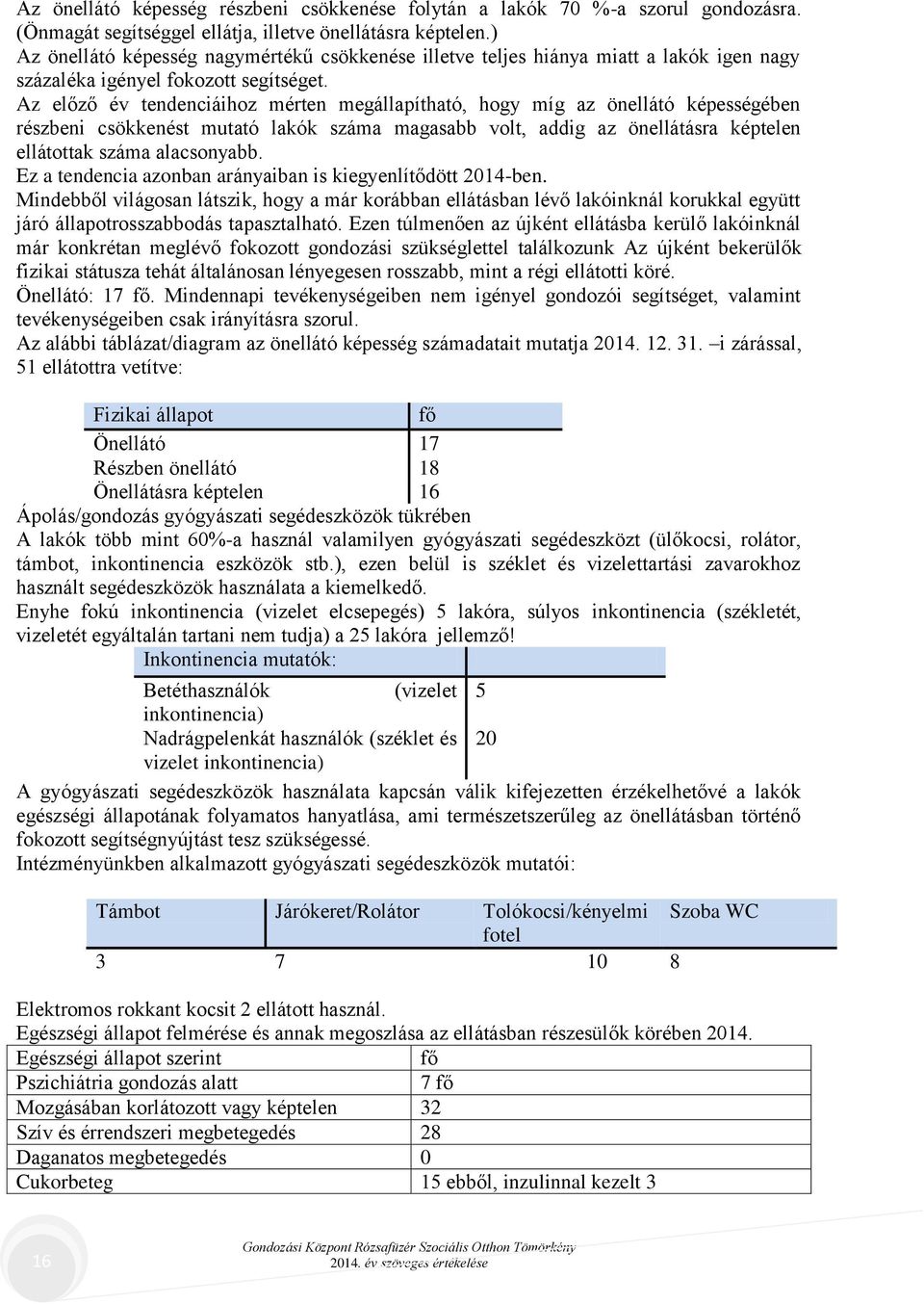 Az előző év tendenciáihoz mérten megállapítható, hogy míg az önellátó képességében részbeni csökkenést mutató lakók száma magasabb volt, addig az önellátásra képtelen ellátottak száma alacsonyabb.