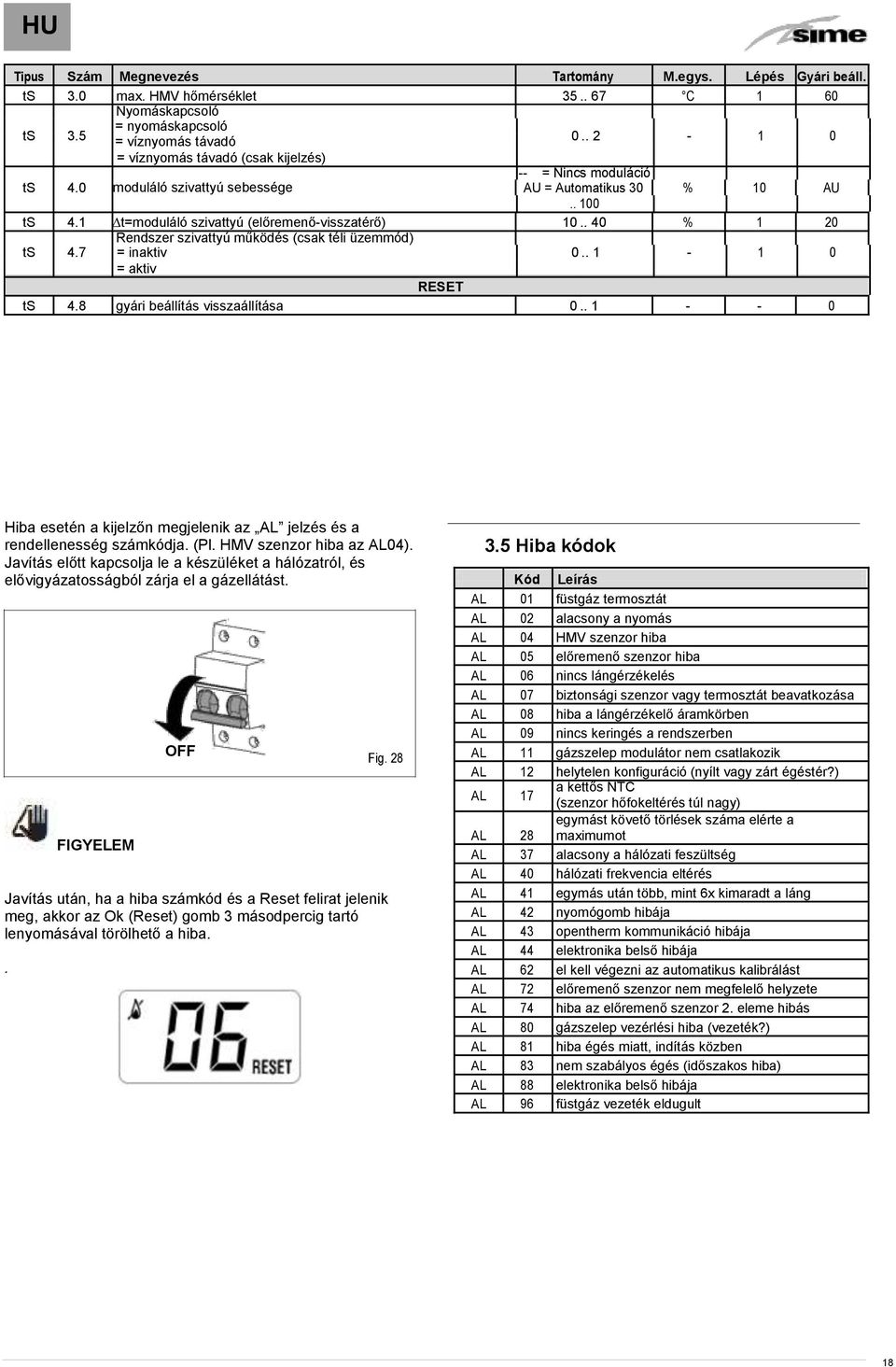 . 40 % 1 20 Rendszer szivattyú működés (csak téli üzemmód) ts 4.7 0 = inaktiv 0.. 1-1 0 1 = aktiv RESET ts 4.8 gyári beállítás visszaállítása 0.