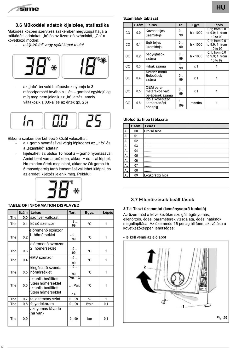 25) Számlálók táblázat Szám Leirás Tart. Egys. Lépés CO 0.0 0.1; from 0.0 Kazán teljes 0.. h x 1000 to 9.9; 1; from üzemideje 99 10 to 99 CO 0.1 0.1; from 0.0 Égő teljes 0.. h x 1000 to 9.9; 1; from üzemideje 99 10 to 99 CO 0.2 0.