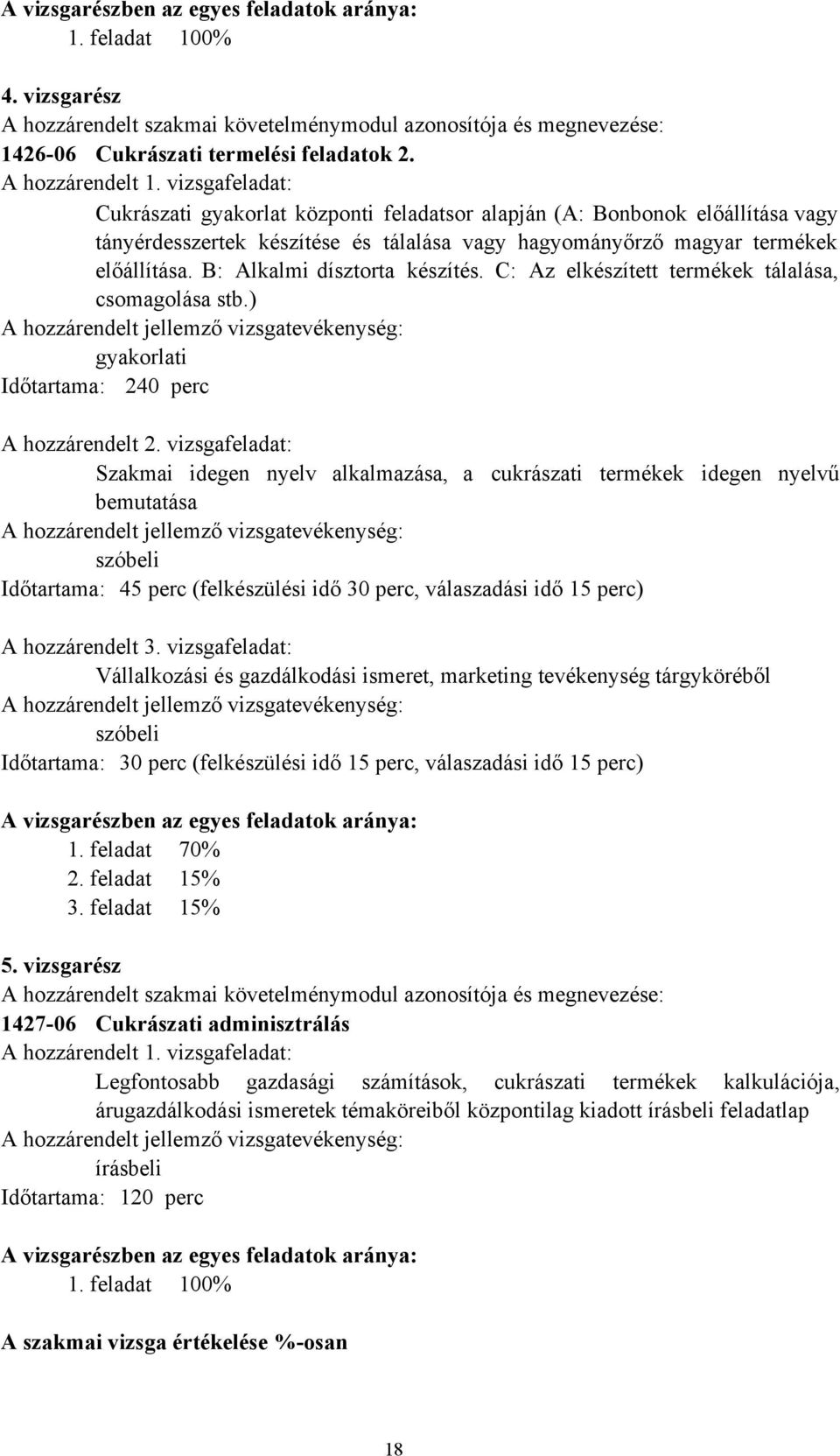 B: Alkalmi dísztorta készítés. C: Az elkészített termékek tálalása, csomagolása stb.) A hozzárendelt jellemző vizsgatevékenység: Időtartama: 240 perc A hozzárendelt 2.