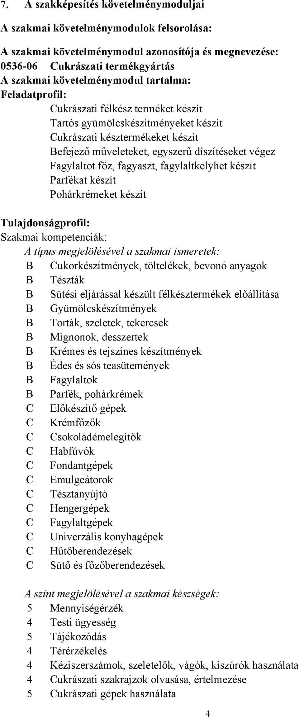 fagyaszt, fagylaltkelyhet készít Parfékat készít Pohárkrémeket készít Tulajdonságprofil: Szakmai kompetenciák: A típus megjelölésével a szakmai ismeretek: B Cukorkészítmények, töltelékek, bevonó