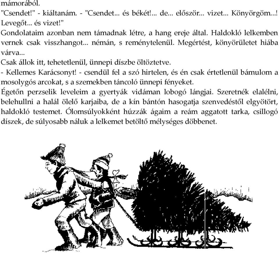 - csendül fel a szó hirtelen, és én csak értetlenül bámulom a mosolygós arcokat, s a szemekben táncoló ünnepi fényeket. Égetőn perzselik leveleim a gyertyák vidáman lobogó lángjai.