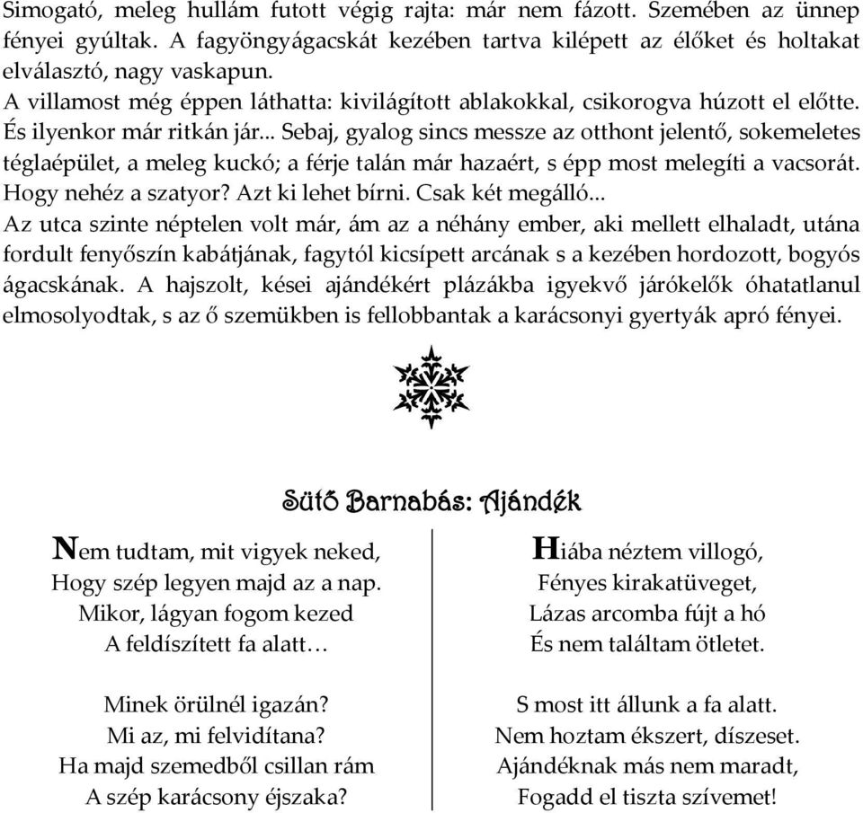 .. Sebaj, gyalog sincs messze az otthont jelentő, sokemeletes téglaépület, a meleg kuckó; a férje talán már hazaért, s épp most melegíti a vacsorát. Hogy nehéz a szatyor? Azt ki lehet bírni.