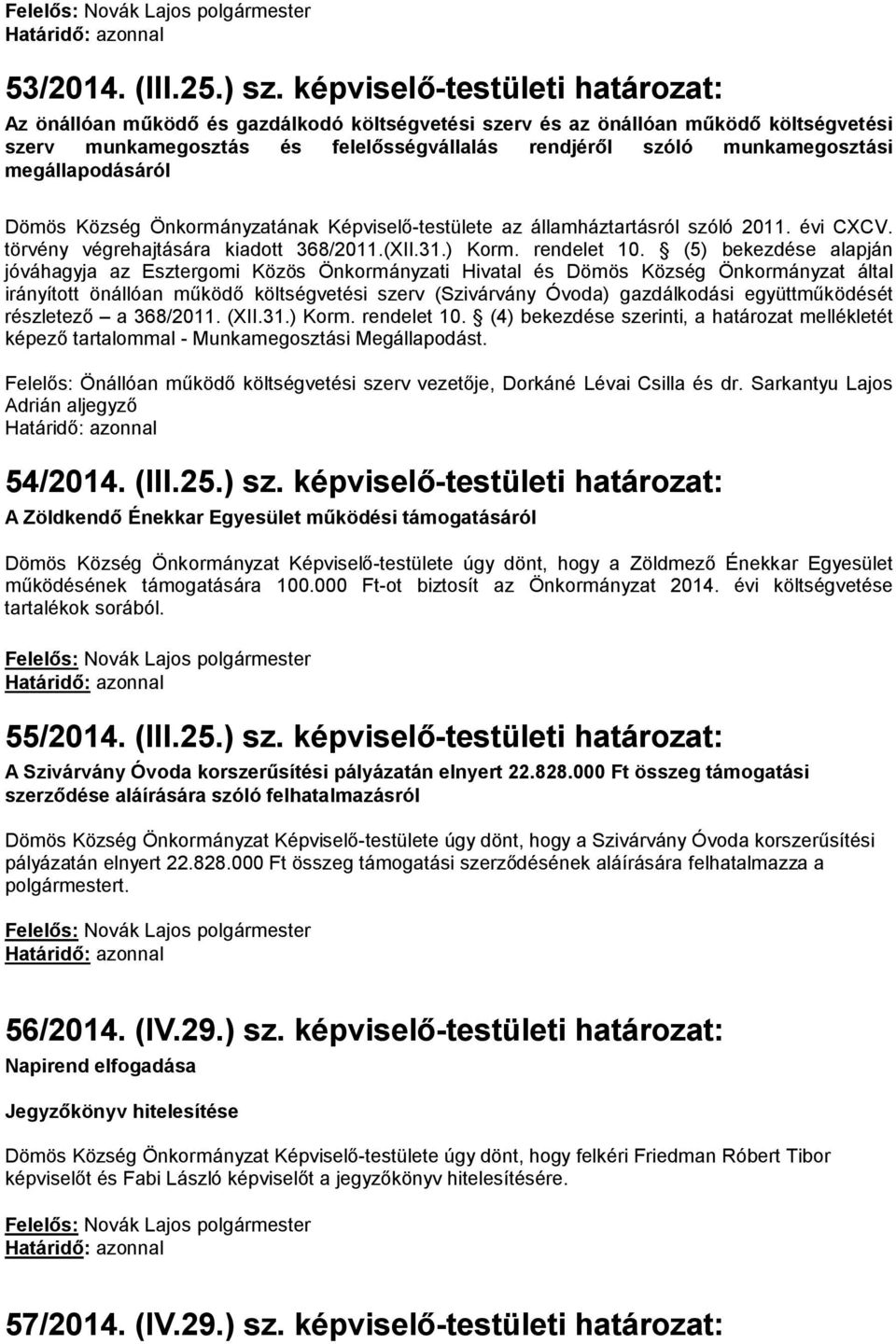 megállapodásáról Dömös Község Önkormányzatának Képviselő-testülete az államháztartásról szóló 2011. évi CXCV. törvény végrehajtására kiadott 368/2011.(XII.31.) Korm. rendelet 10.