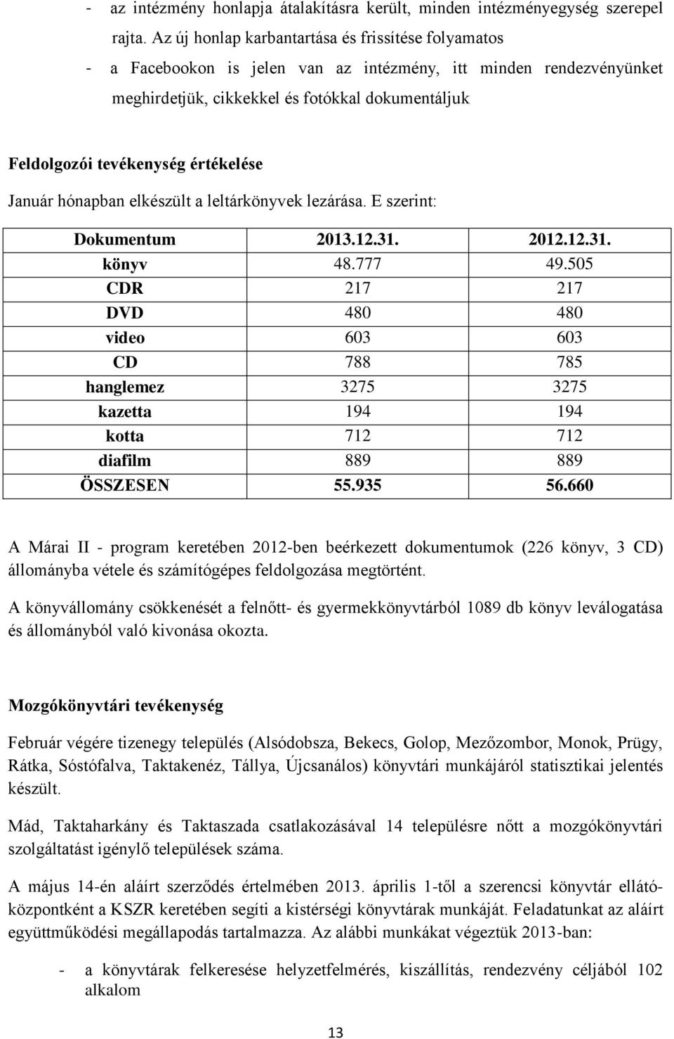 értékelése Január hónapban elkészült a leltárkönyvek lezárása. E szerint: Dokumentum 2013.12.31. 2012.12.31. könyv 48.777 49.