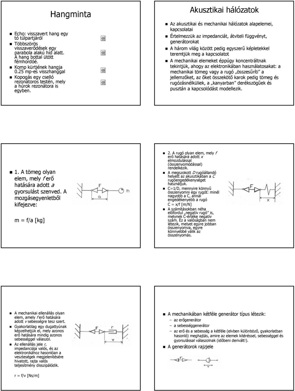 Hangminta Akusztikai hálózatok Az akusztikai és mechanikai hálózatok alapelemei, kapcsolatai Értelmezzük az impedanciát, átviteli függvényt, generátorokat A három világ között pedig egyszerű