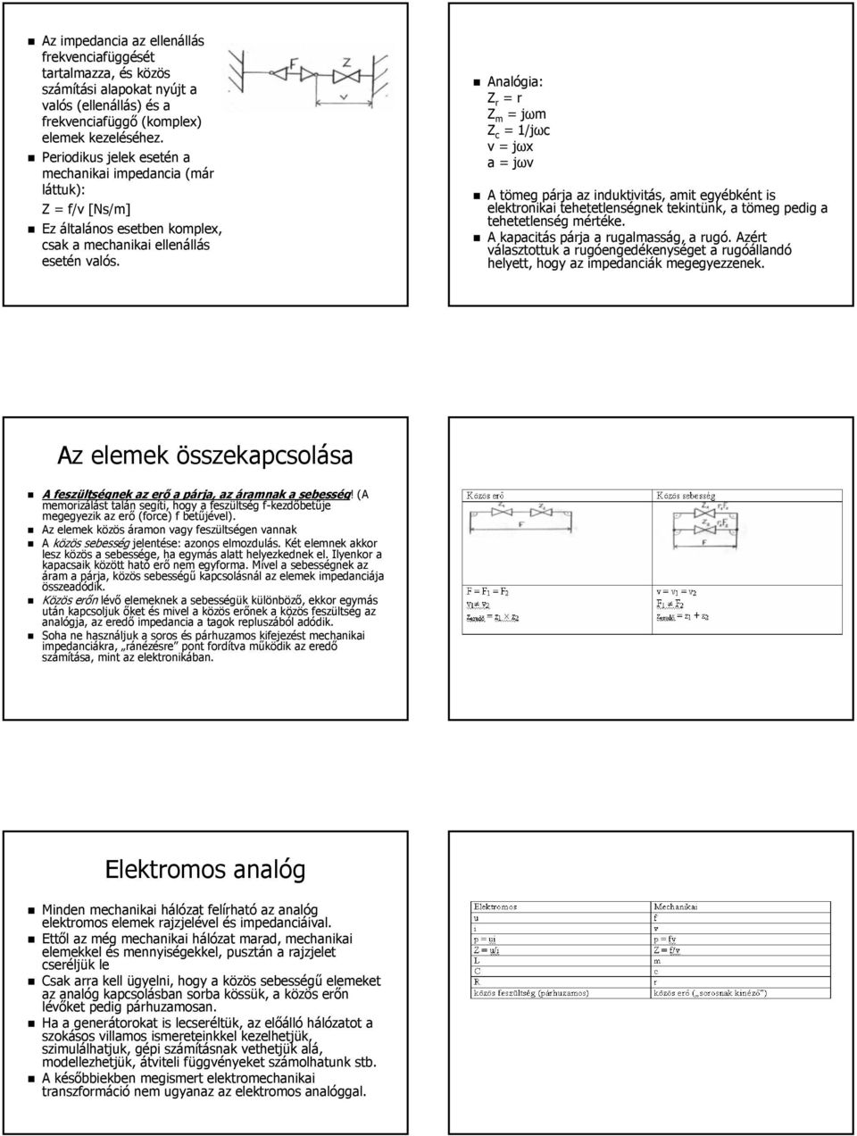 Analógia: Z r = r Z m = jωm Z c = 1/jωc v = jωx a = jωv A tömeg párja az induktivitás, amit egyébként is elektronikai tehetetlenségnek tekintünk, a tömeg pedig a tehetetlenség mértéke.