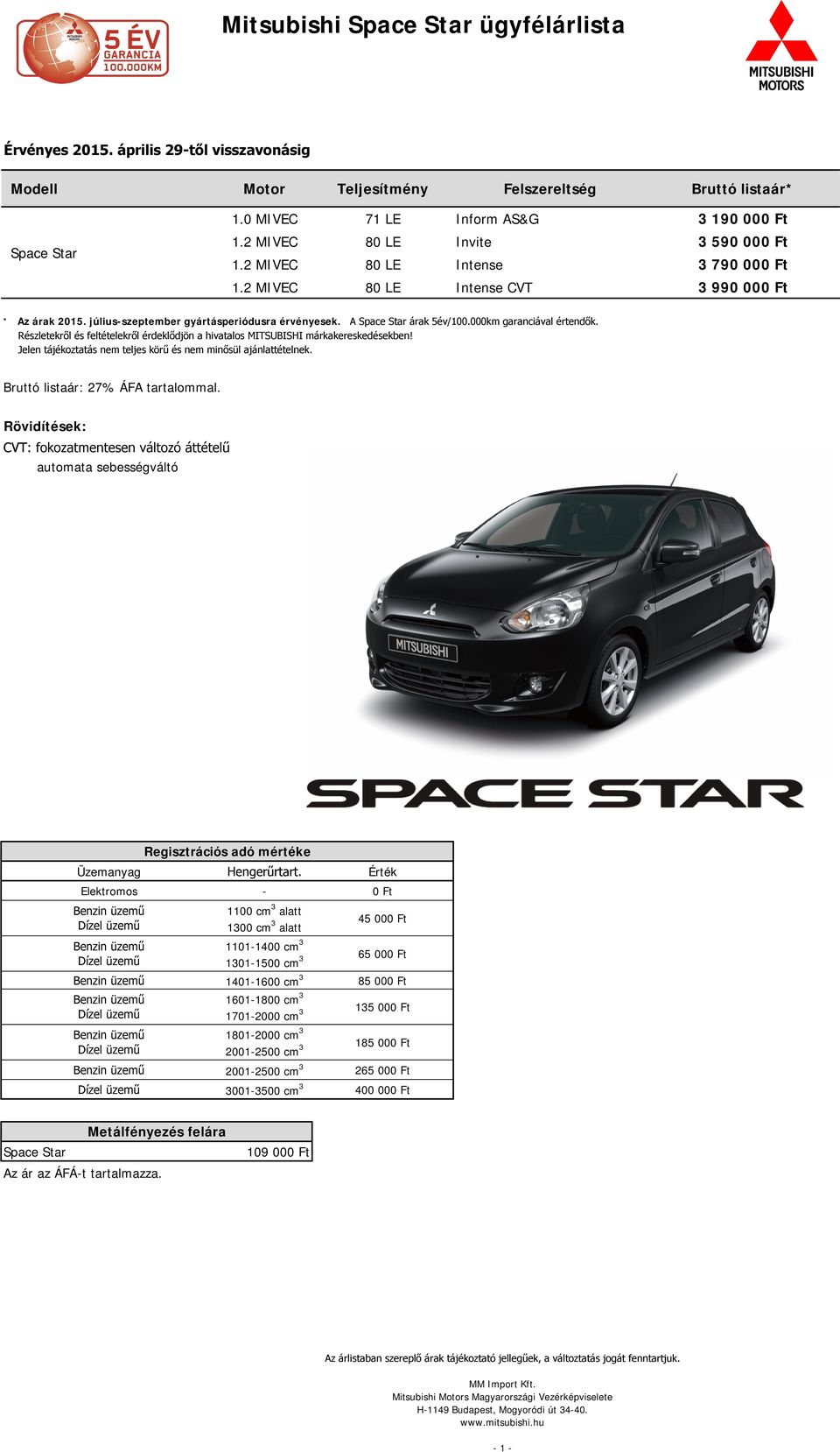 július-szeptember gyártásperiódusra érvényesek. A Space Star árak 5év/100.000km garanciával értendők.