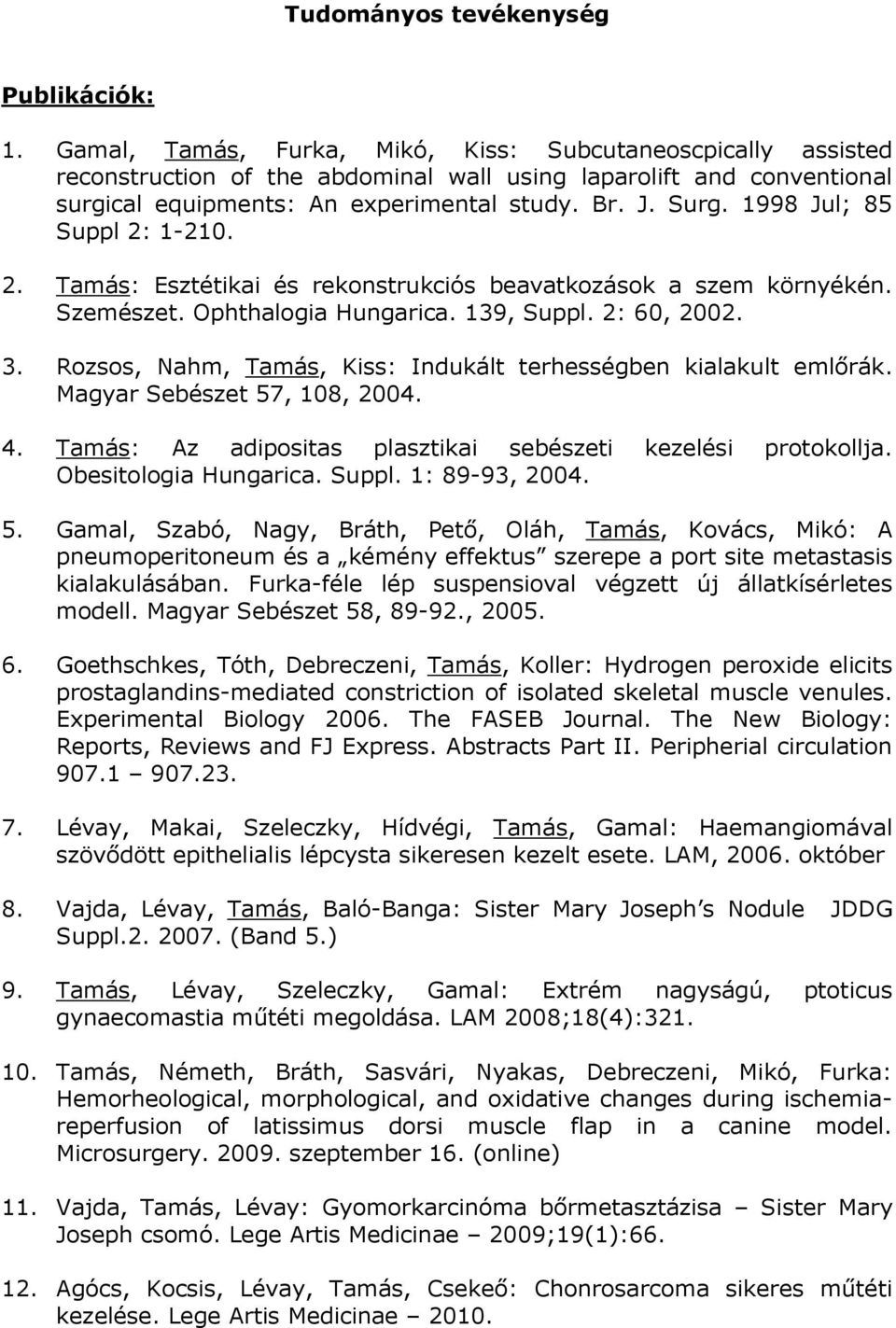 1998 Jul; 85 Suppl 2: 1-210. 2. Tamás: Esztétikai és rekonstrukciós beavatkozások a szem környékén. Szemészet. Ophthalogia Hungarica. 139, Suppl. 2: 60, 2002. 3.