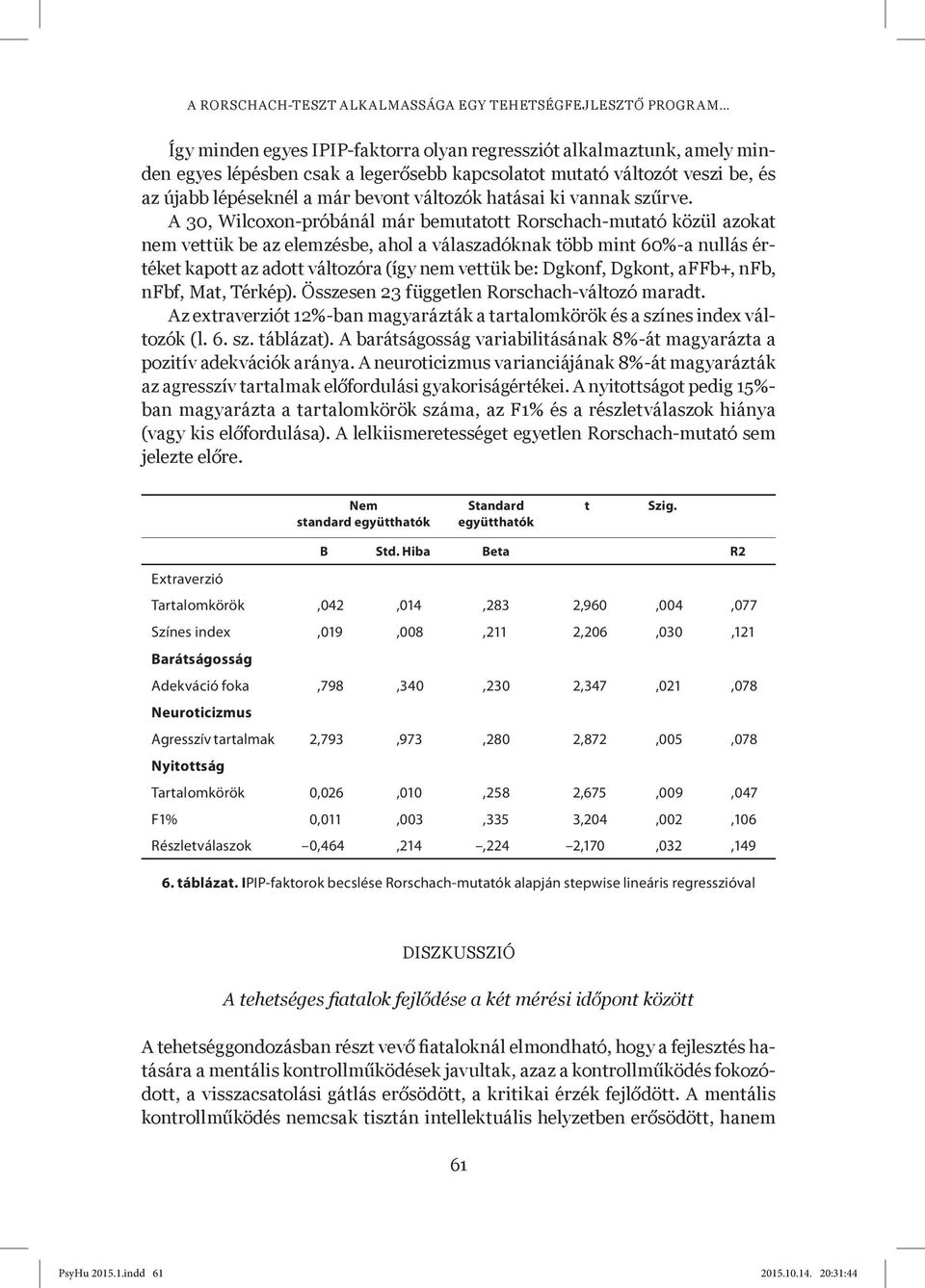 A 30, Wilcoxon-próbánál már bemutatott Rorschach-mutató közül azokat nem vettük be az elemzésbe, ahol a válaszadóknak több mint 60%-a nullás értéket kapott az adott változóra (így nem vettük be: