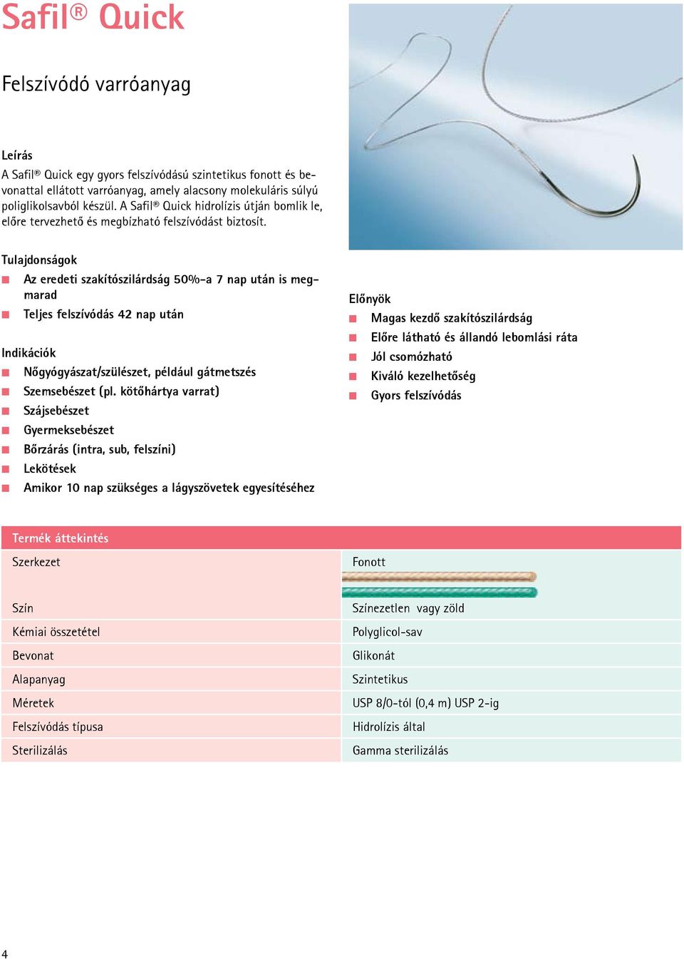 Tulajdonságok Az eredeti szakítószilárdság 50%-a 7 nap után is megmarad Teljes felszívódás 42 nap után Nőgyógyászat/szülészet, például gátmetszés Szemsebészet (pl.