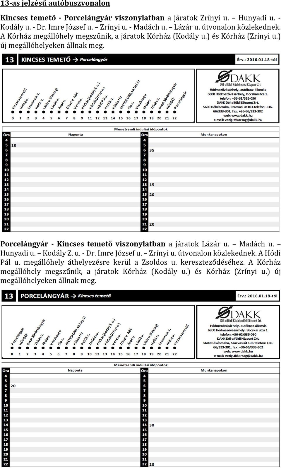 Porcelángyár - Kincses temető viszonylatban a járatok Lázár u. Madách u. Hunyadi u. Kodály Z. u. - Dr. Imre József u. Zrínyi u. útvonalon közlekednek.